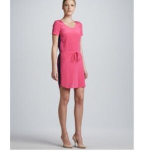 DKNY Hot Pink Blue Stripe Silk Stretch Drawstring Dress Size Small‎